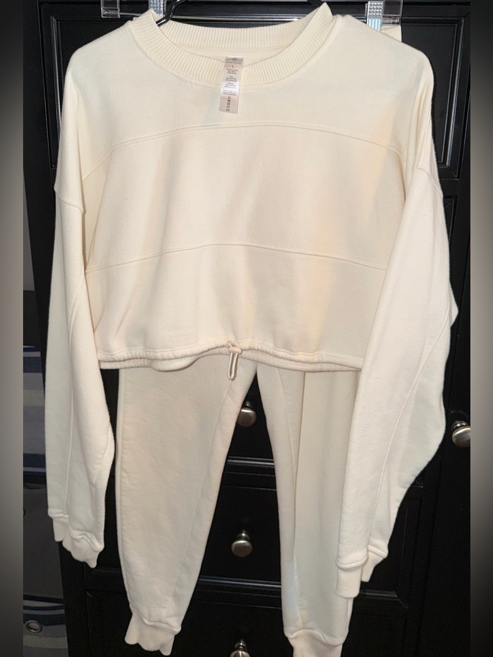 Cozy Drawstring Crop Sweatshirt & Jogger Set - Cream